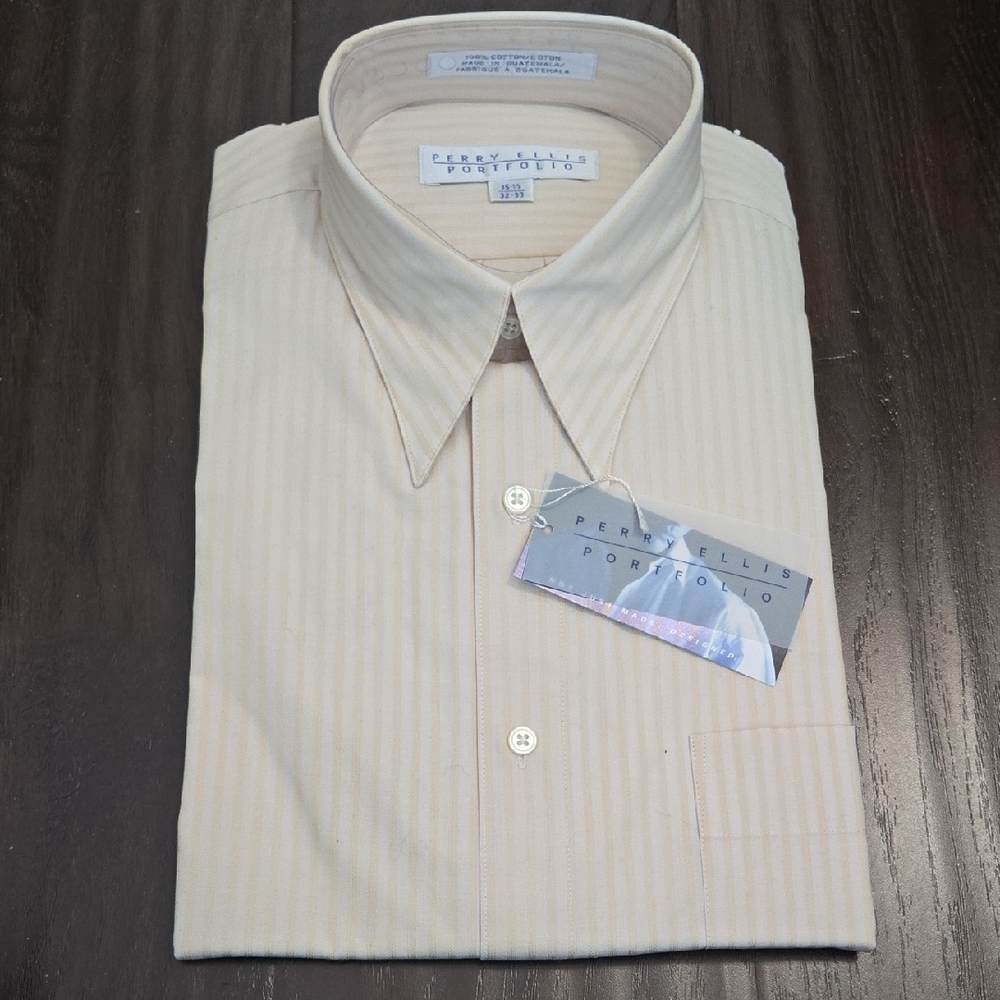 Perry Ellis Men's Beige Striped Dress Shirt - 15.5 , 32/33 ‐ NWT